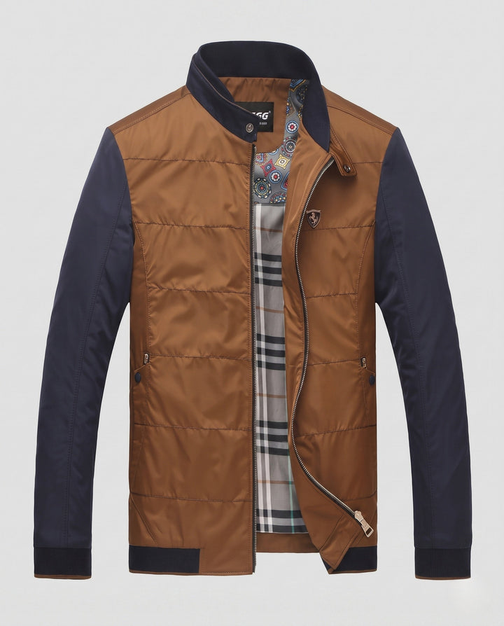Men's lightly padded city jacket with contrast sleeves, stand-up collar, and decorative inner lining