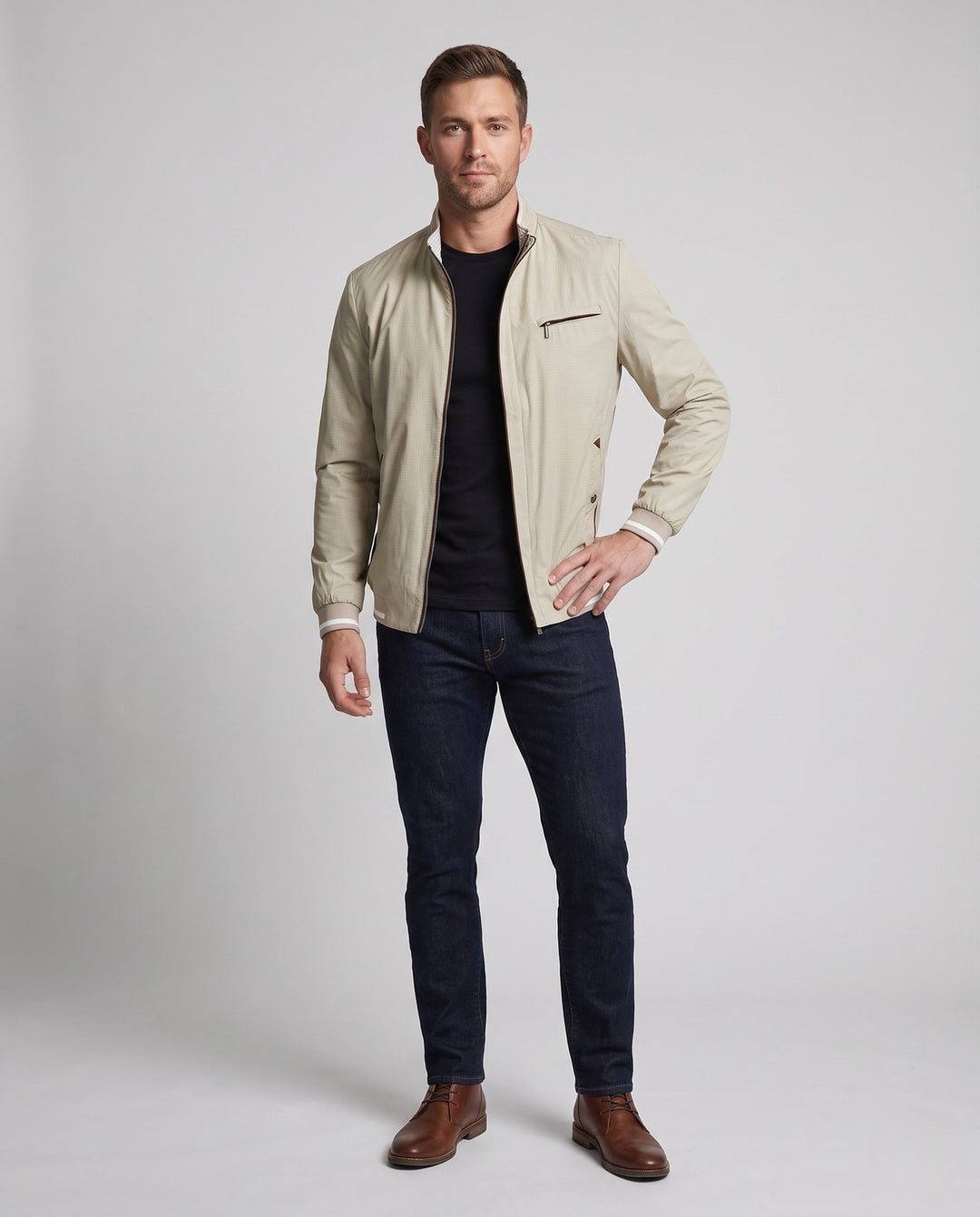 Men's Lightweight Blouson Jacket with Stand Collar, Zip Chest Pocket and Elastic Cuffs