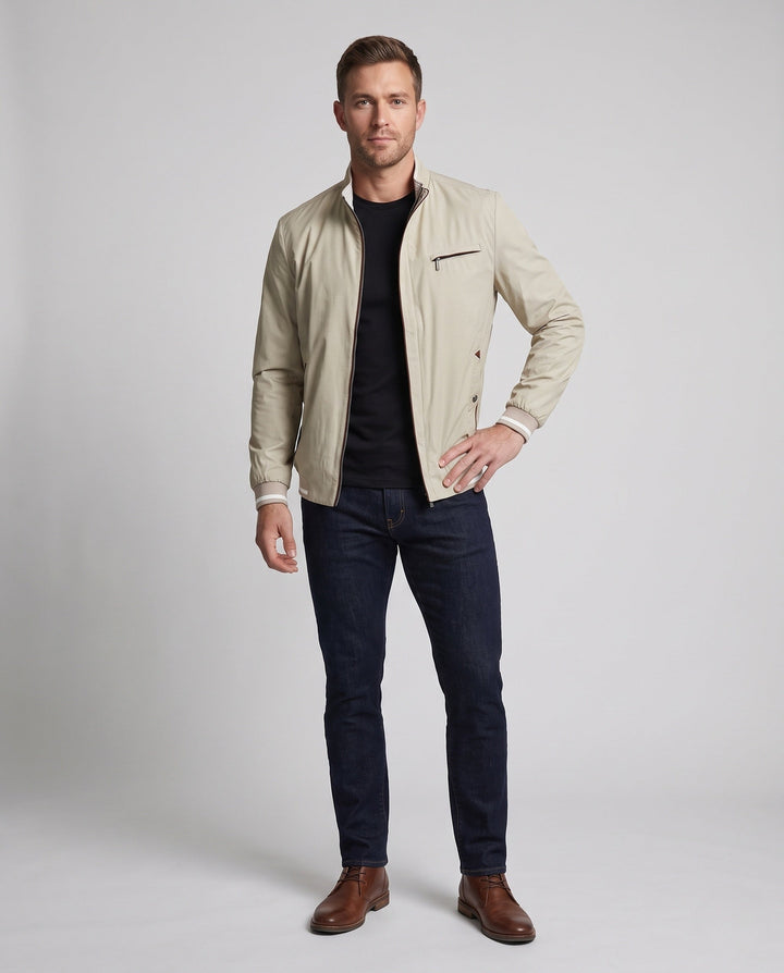 Men's Lightweight Blouson Jacket with Stand Collar, Zip Chest Pocket and Elastic Cuffs