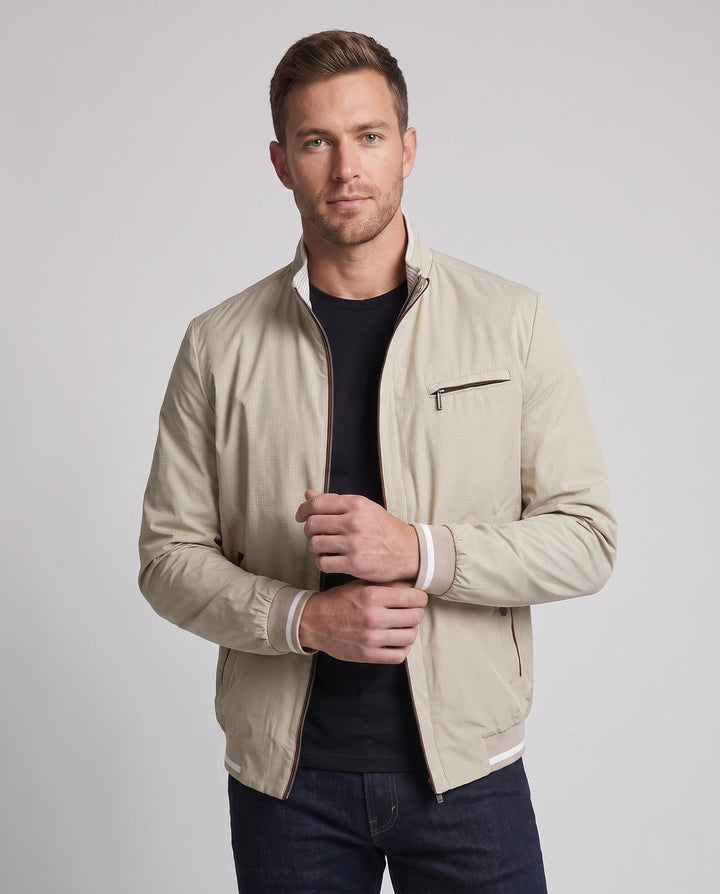Men's Lightweight Blouson Jacket with Stand Collar, Zip Chest Pocket and Elastic Cuffs