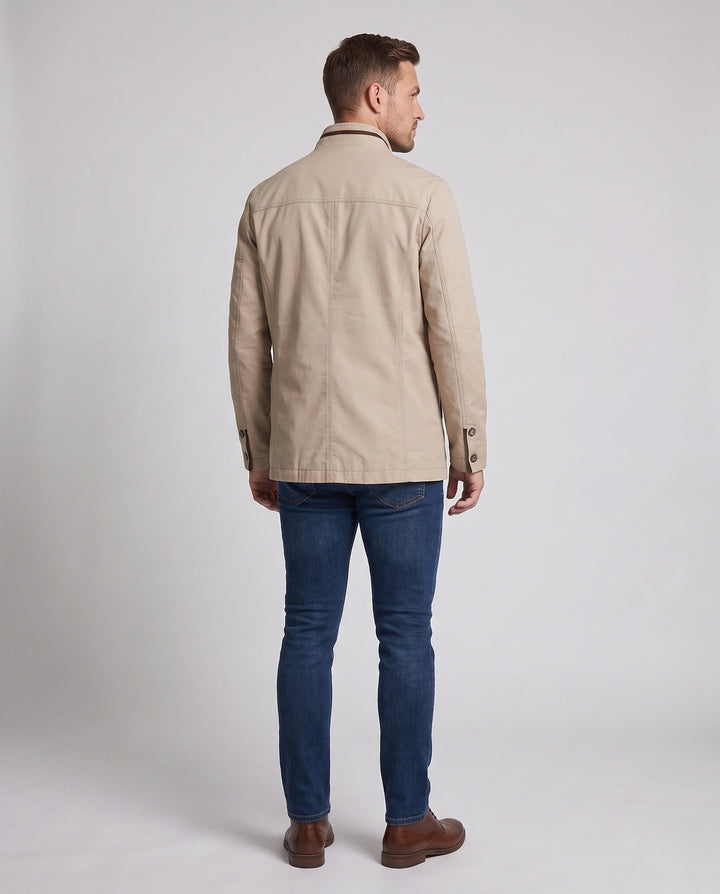 Men's lightweight canvas transitional jacket with stand-up collar and chest zipper