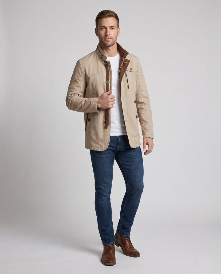 Men's lightweight canvas transitional jacket with stand-up collar and chest zipper