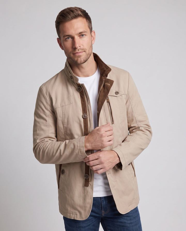 Men's lightweight canvas transitional jacket with stand-up collar and chest zipper
