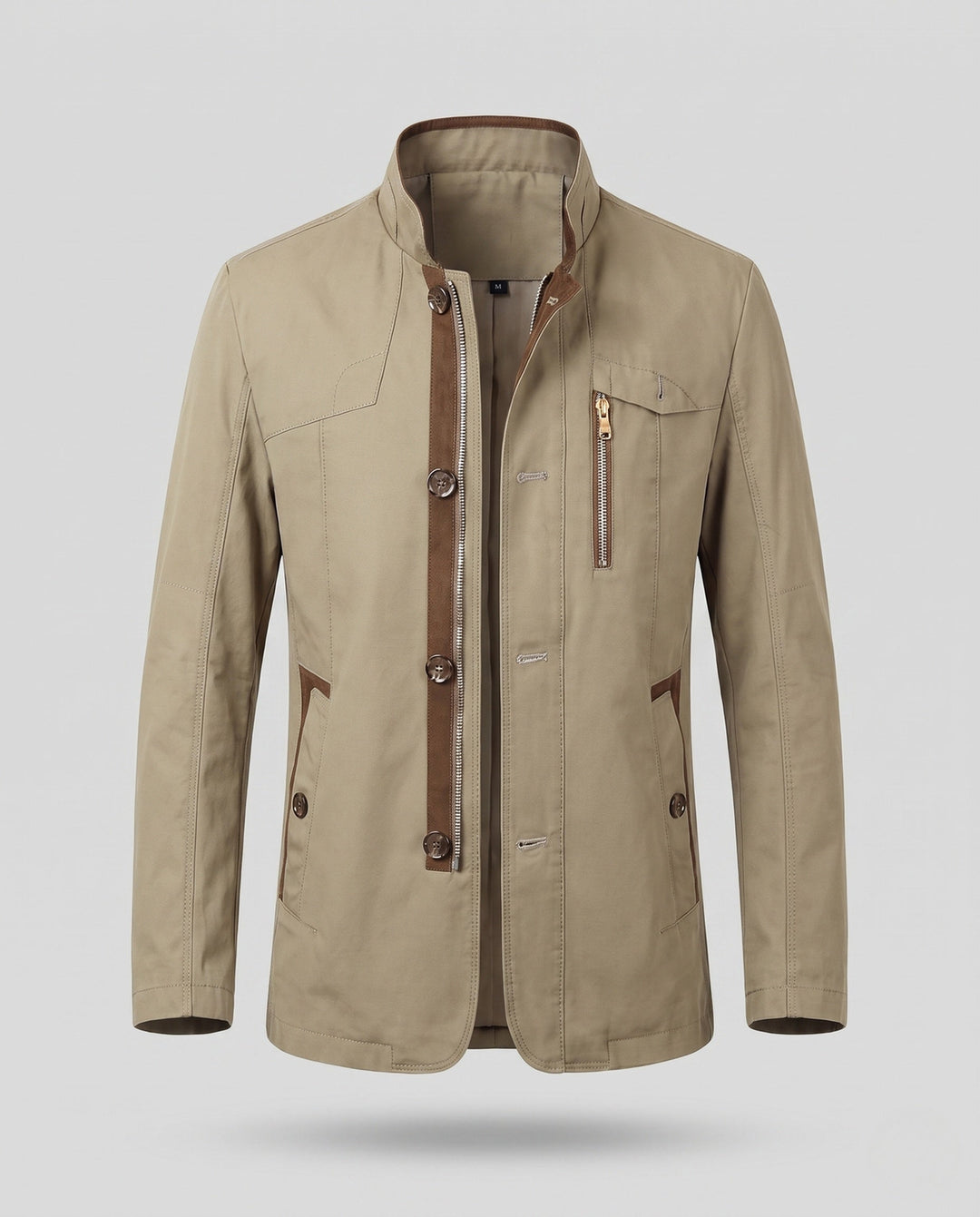 Men's lightweight canvas transitional jacket with stand-up collar and chest zipper