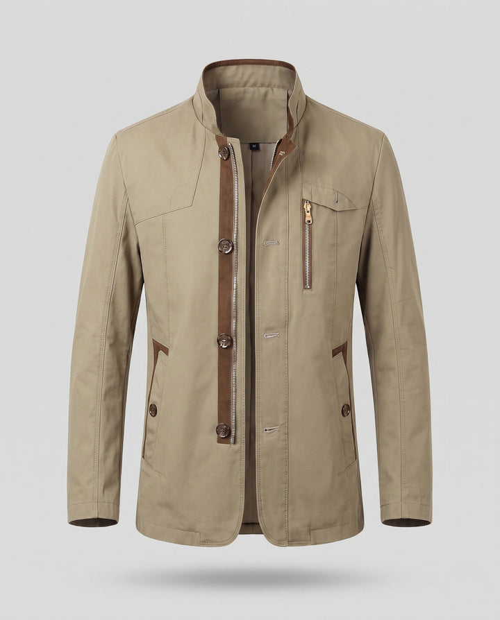 Men's lightweight canvas transitional jacket with stand-up collar and chest zipper