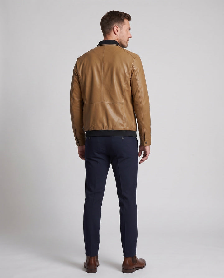 Men's Lightweight Blouson in Leather Look with Stand-up Collar and Patterned Inner Lining