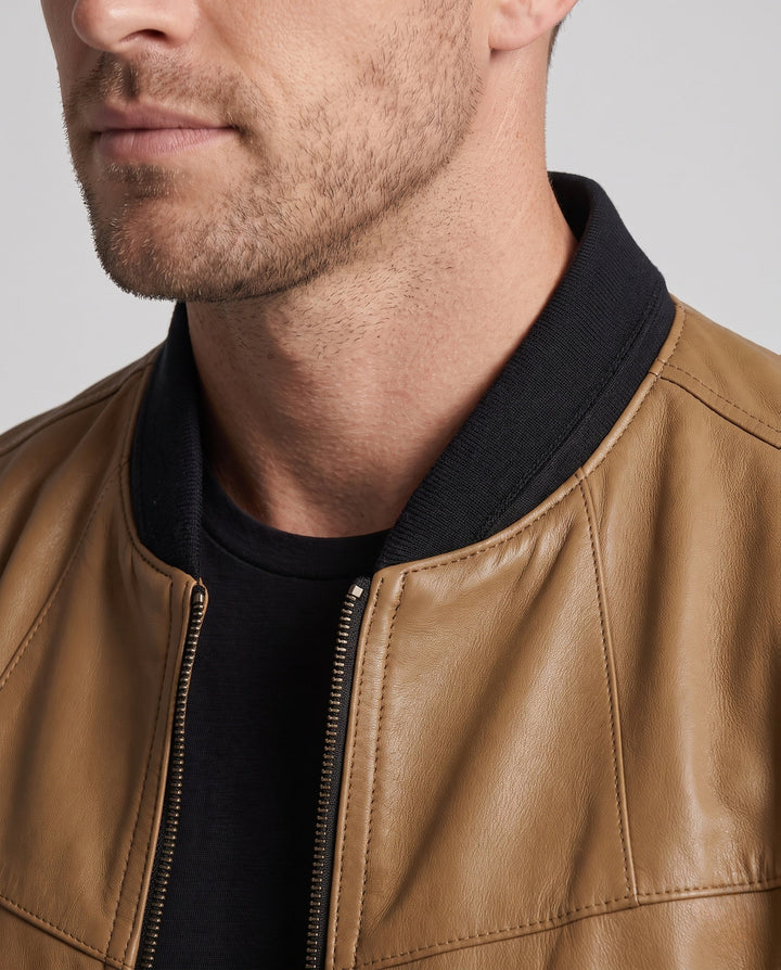 Men's Lightweight Blouson in Leather Look with Stand-up Collar and Patterned Inner Lining