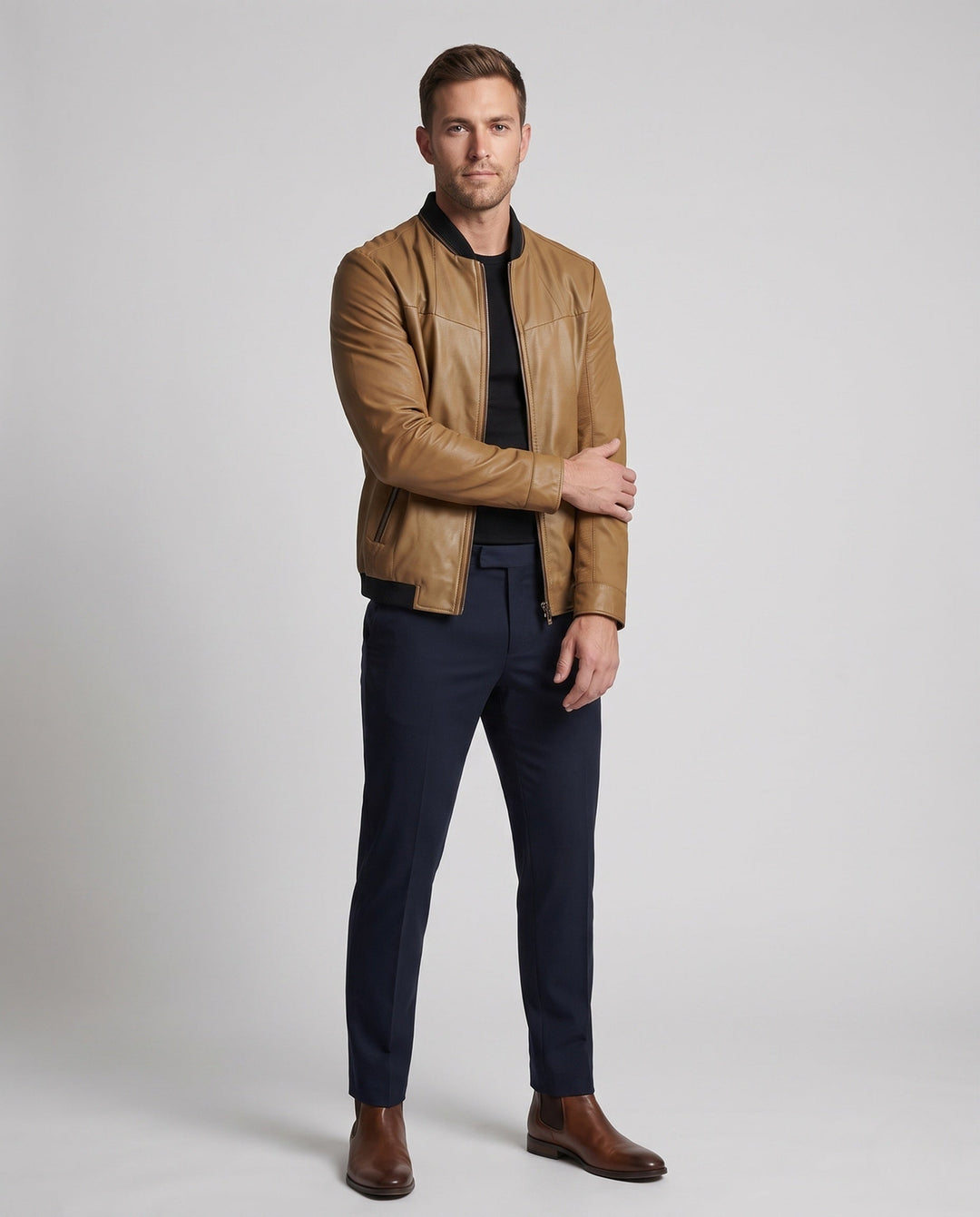 Men's Lightweight Blouson in Leather Look with Stand-up Collar and Patterned Inner Lining