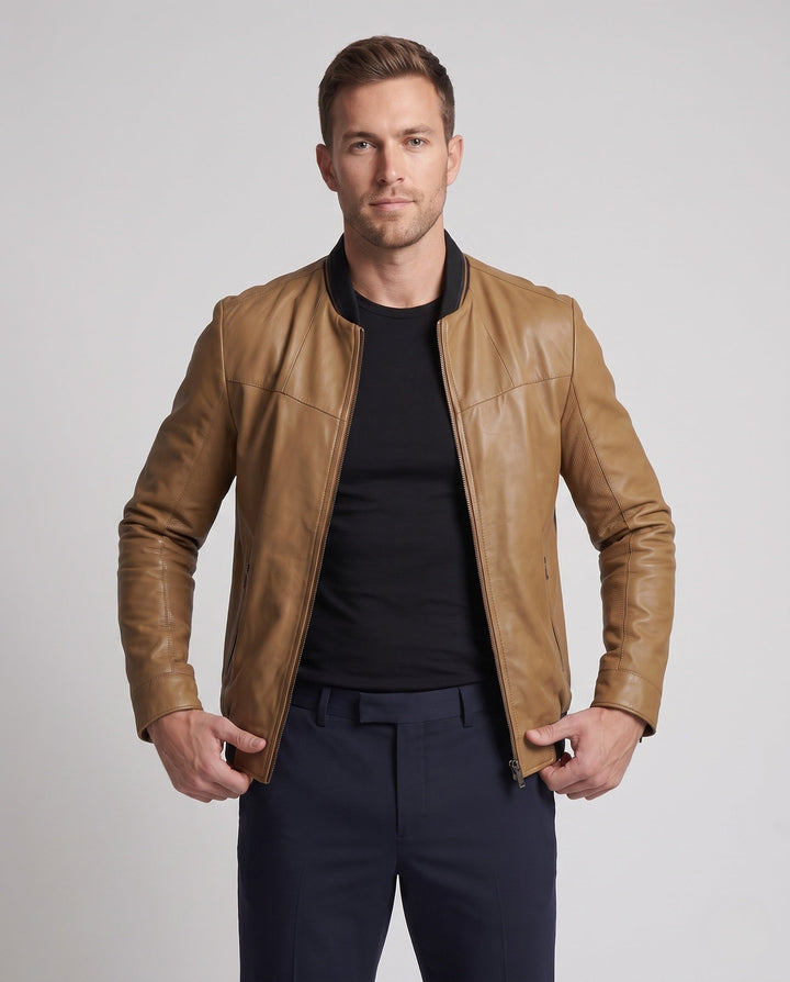 Men's Lightweight Blouson in Leather Look with Stand-up Collar and Patterned Inner Lining