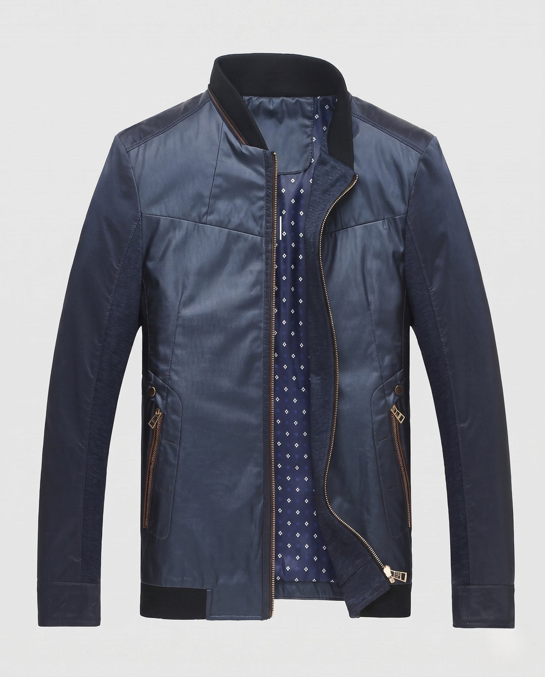 Men's Lightweight Blouson in Leather Look with Stand-up Collar and Patterned Inner Lining