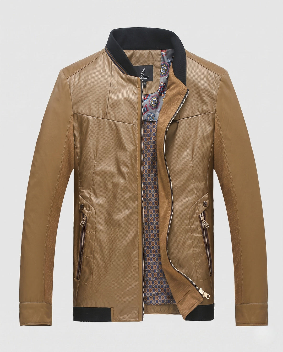 Men's Lightweight Blouson in Leather Look with Stand-up Collar and Patterned Inner Lining