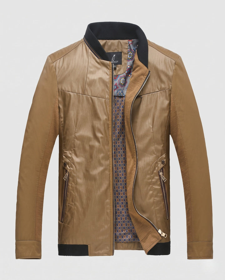 Men's Lightweight Blouson in Leather Look with Stand-up Collar and Patterned Inner Lining