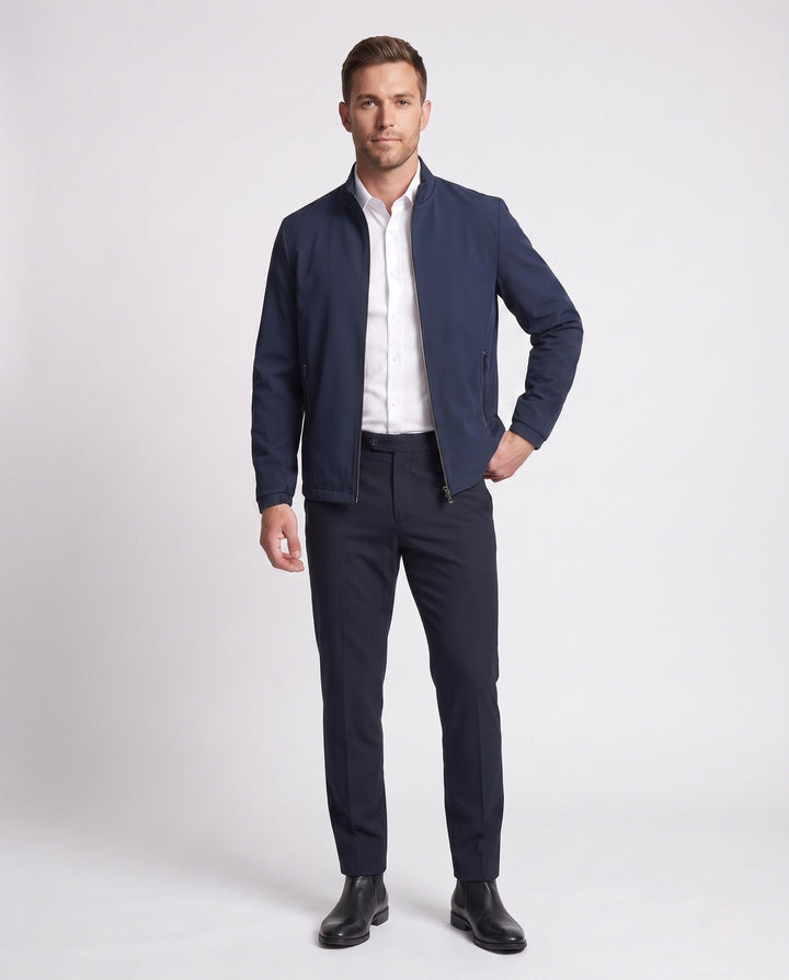 Men's Minimalist Stand Collar Softshell Jacket with Inner Check Pattern