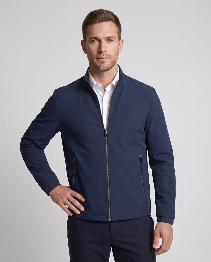 Men's Minimalist Stand Collar Softshell Jacket with Inner Check Pattern
