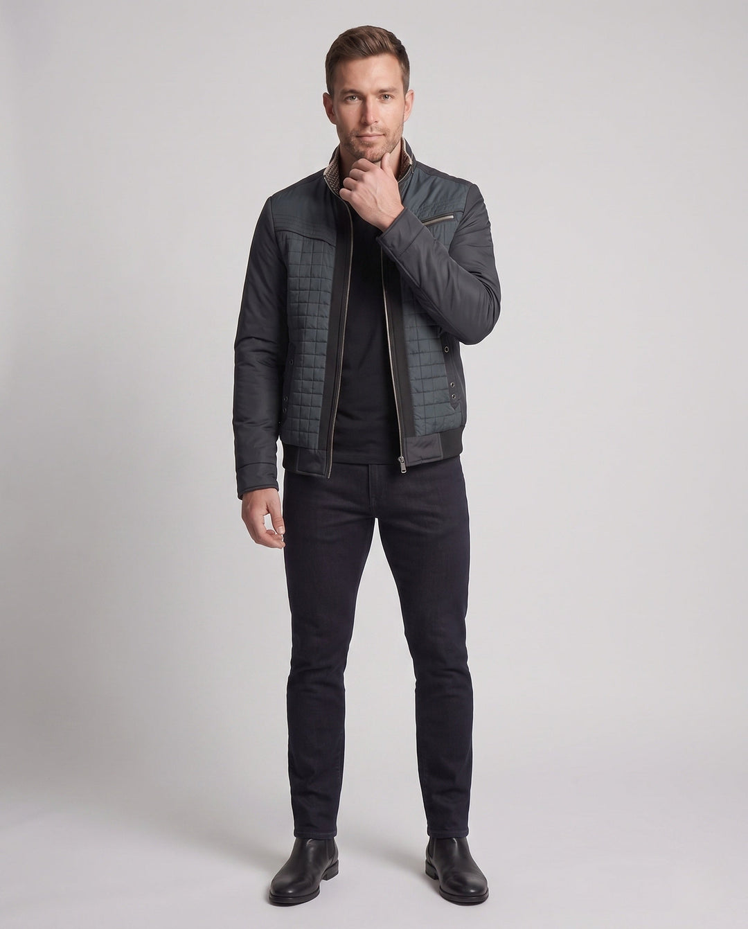 Men's modern quilted transitional jacket in a material mix with zippered chest pocket