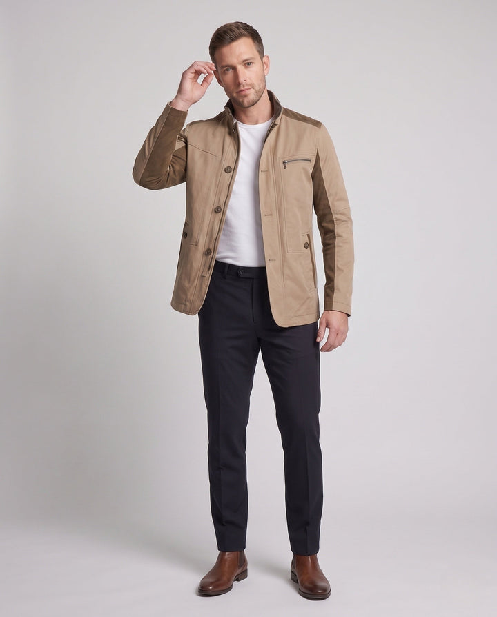 Men's Modern City Utility Jacket with Stand-Up Collar and Contrast Cord Trim
