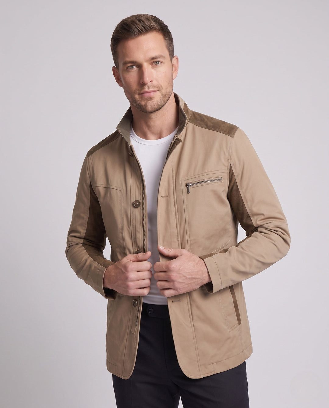 Men's Modern City Utility Jacket with Stand-Up Collar and Contrast Cord Trim