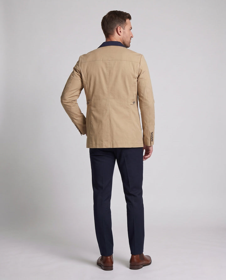 Men's Smart-Casual Short Coat with Contrast Collar, Zipper Pockets and Patterned Lining