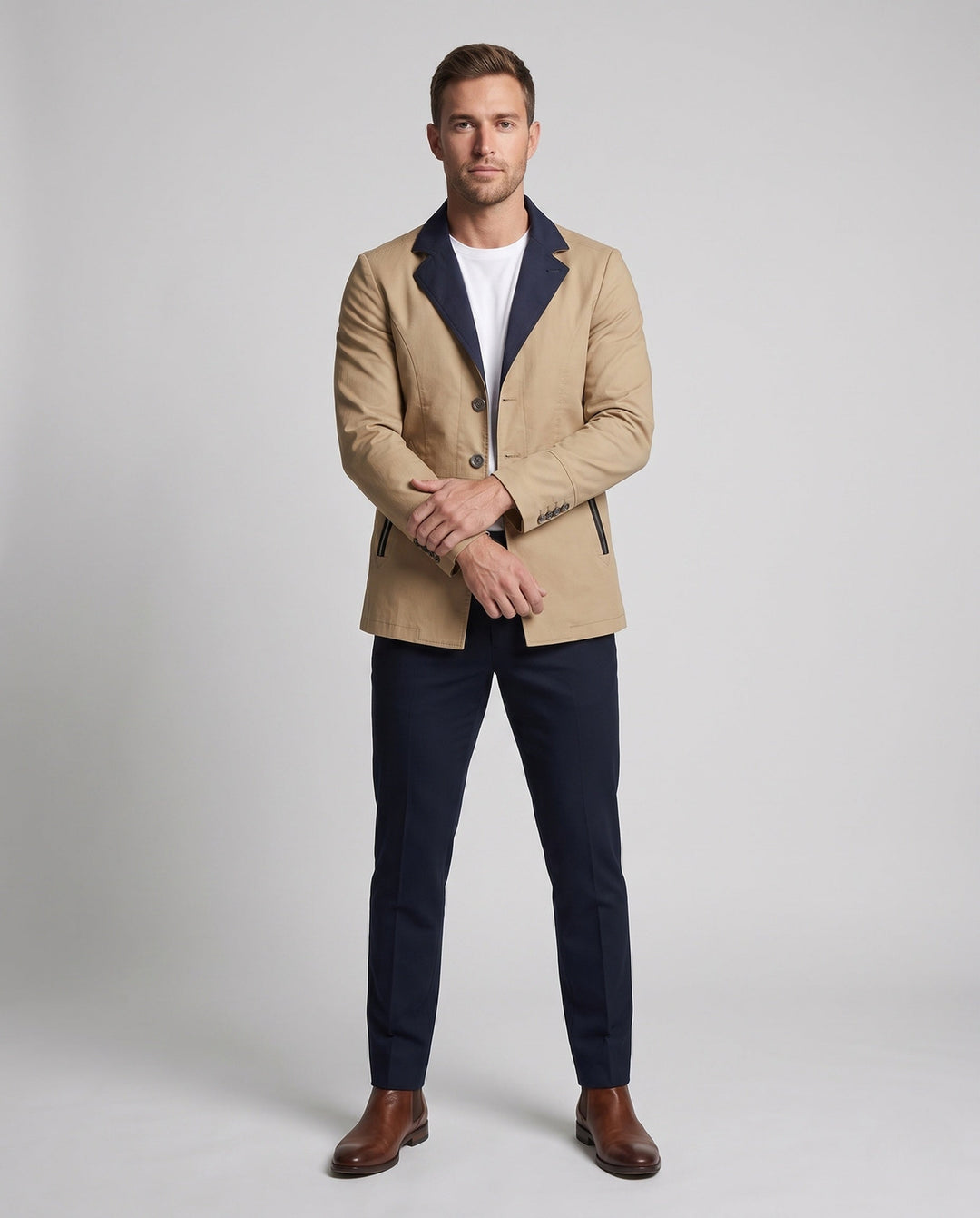Men's Smart-Casual Short Coat with Contrast Collar, Zipper Pockets and Patterned Lining