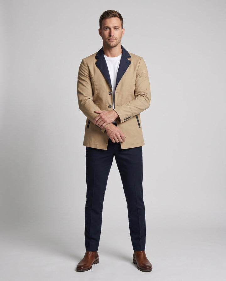 Men's Smart-Casual Short Coat with Contrast Collar, Zipper Pockets and Patterned Lining