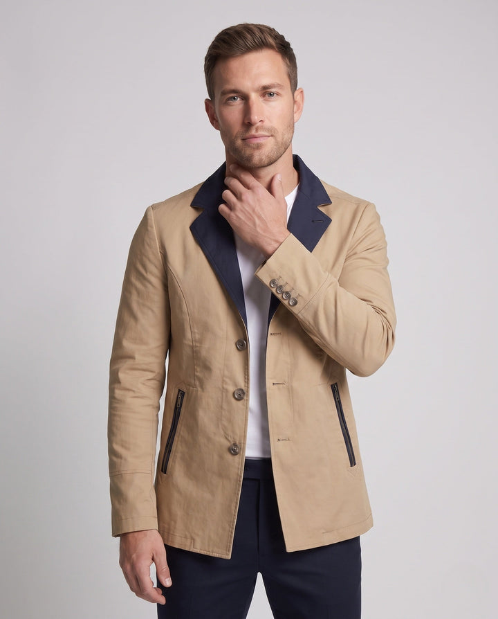 Men's Smart-Casual Short Coat with Contrast Collar, Zipper Pockets and Patterned Lining