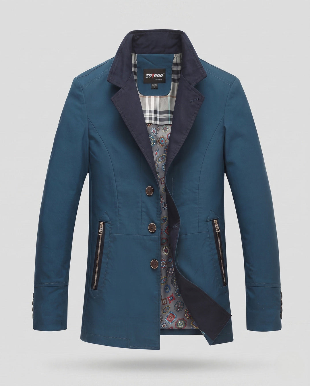 Men's Smart-Casual Short Coat with Contrast Collar, Zipper Pockets and Patterned Lining