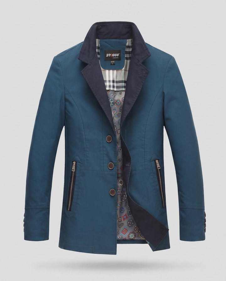 Men's Smart-Casual Short Coat with Contrast Collar, Zipper Pockets and Patterned Lining