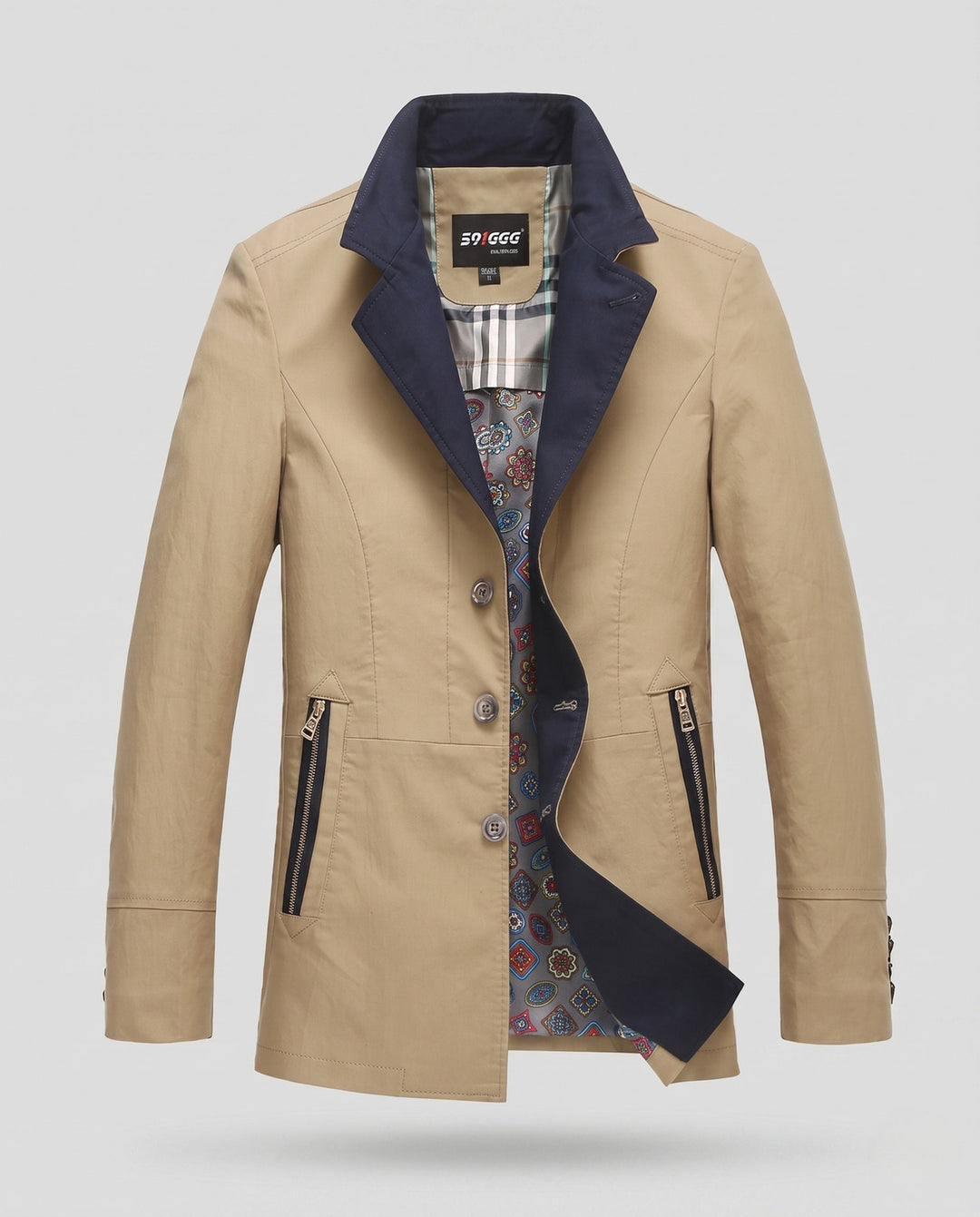 Men's Smart-Casual Short Coat with Contrast Collar, Zipper Pockets and Patterned Lining