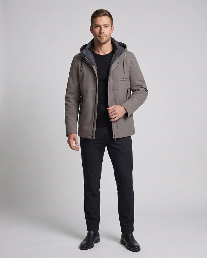Men's softshell transitional jacket with hood, wind and water repellent