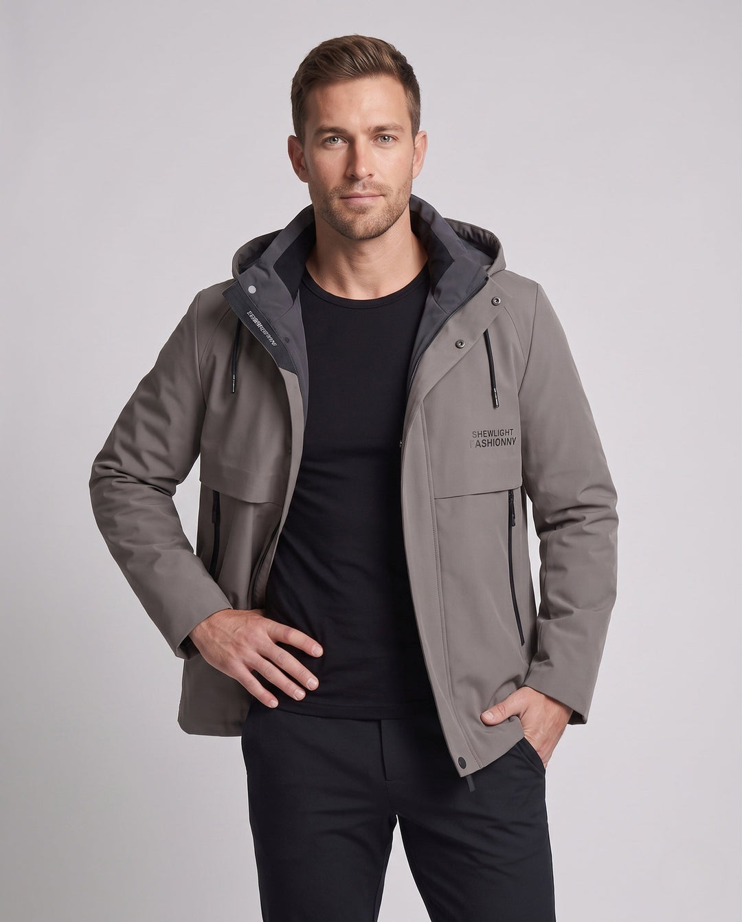 Men's softshell transitional jacket with hood, wind and water repellent