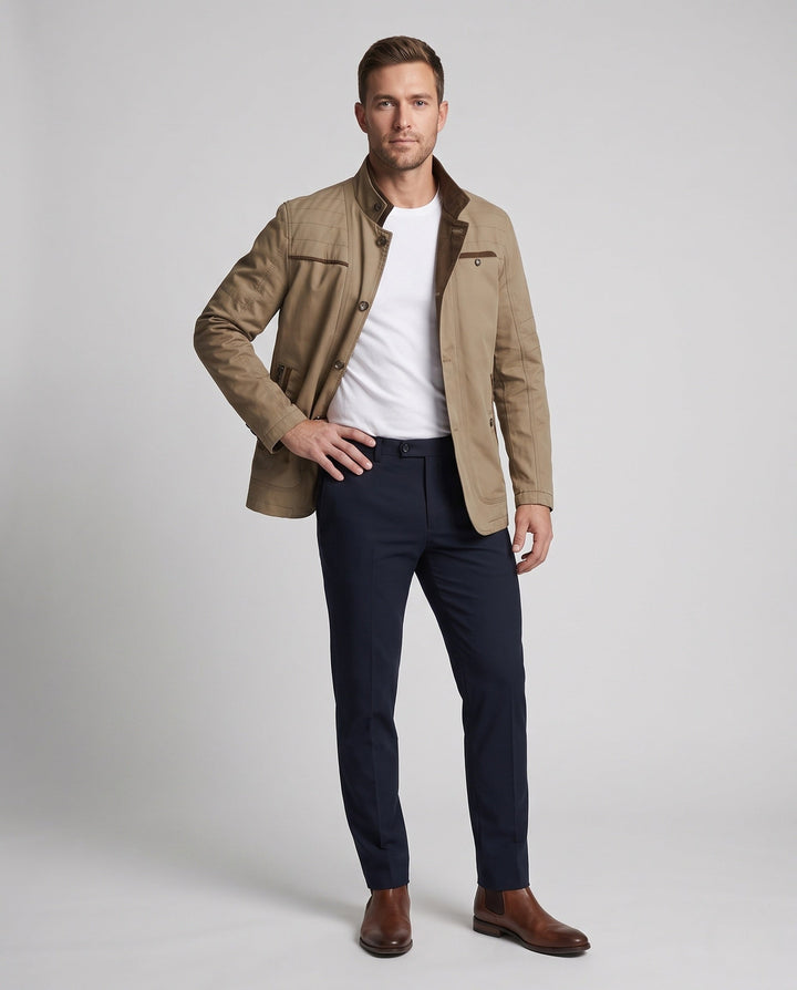 Men's Stand Collar Field Jacket made of Blend with Contrasting Collar and Zipper Pockets
