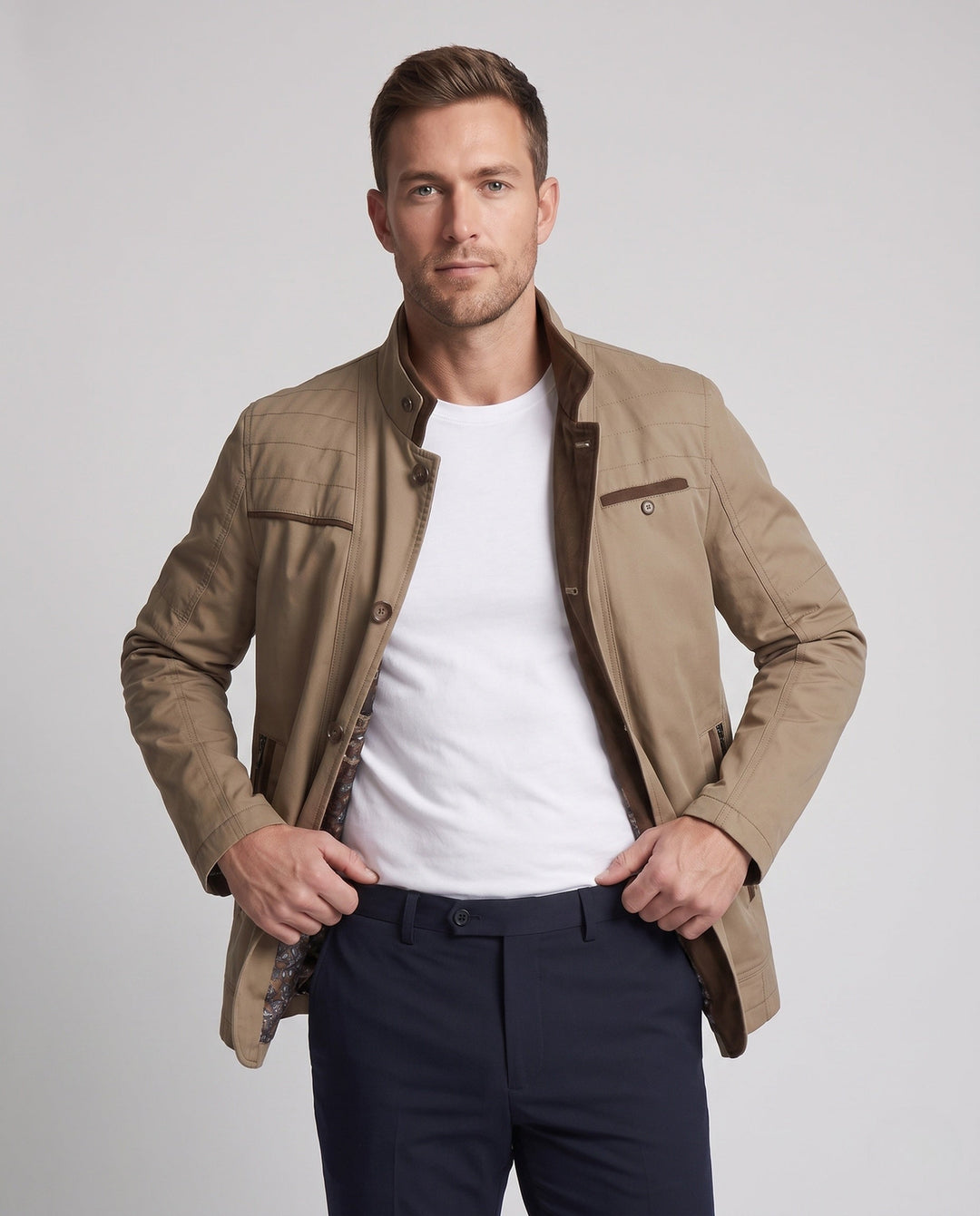 Men's Stand Collar Field Jacket made of Blend with Contrasting Collar and Zipper Pockets