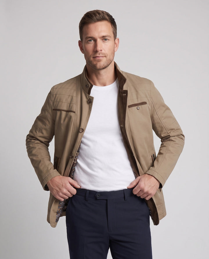 Men's Stand Collar Field Jacket made of Blend with Contrasting Collar and Zipper Pockets