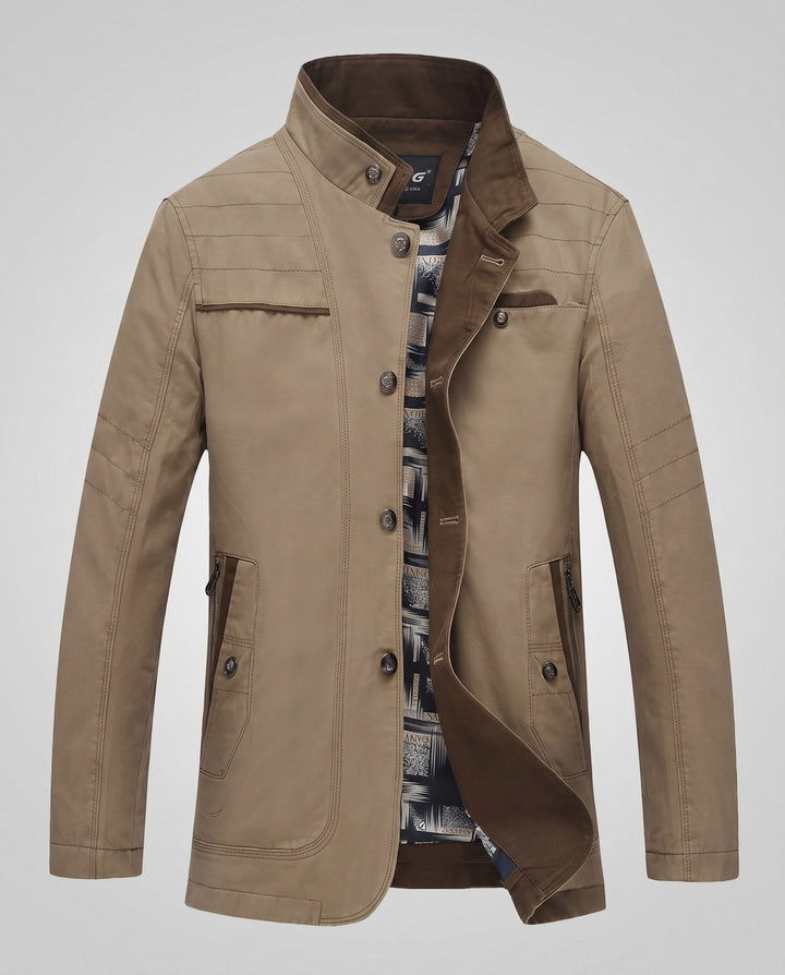 Men's Stand Collar Field Jacket made of Blend with Contrasting Collar and Zipper Pockets