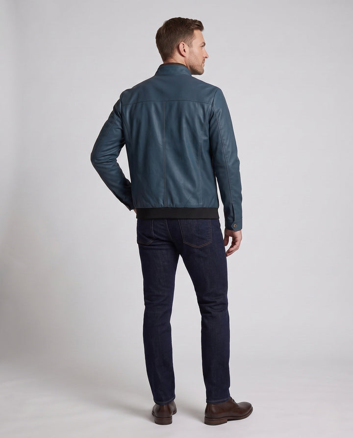Men's Stand Collar Faux Leather Jacket with Perforated Shoulder Panels, Zipper Front and Patterned Lining