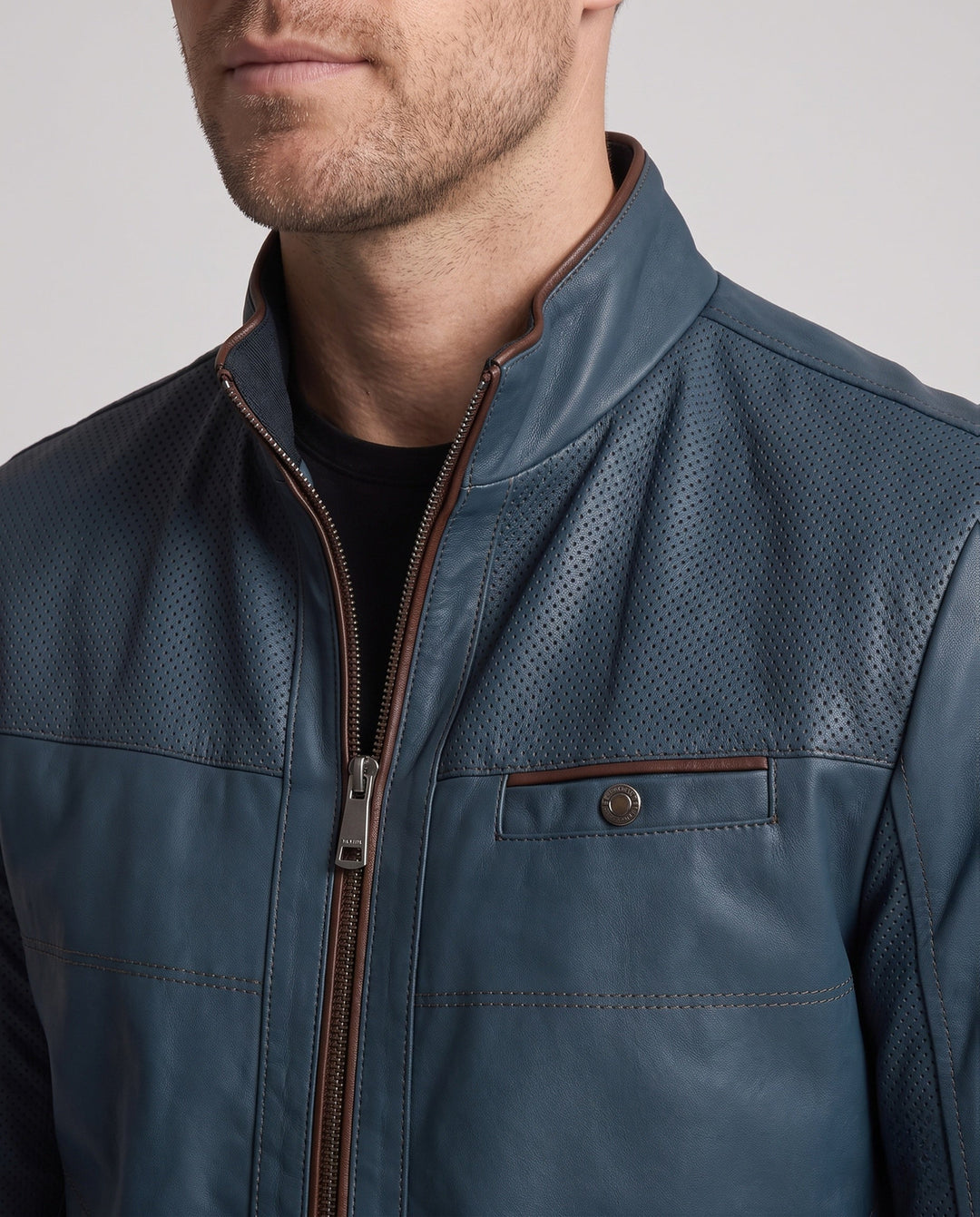 Men's Stand Collar Faux Leather Jacket with Perforated Shoulder Panels, Zipper Front and Patterned Lining
