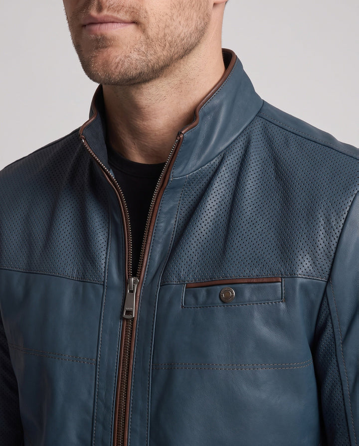Men's Stand Collar Faux Leather Jacket with Perforated Shoulder Panels, Zipper Front and Patterned Lining