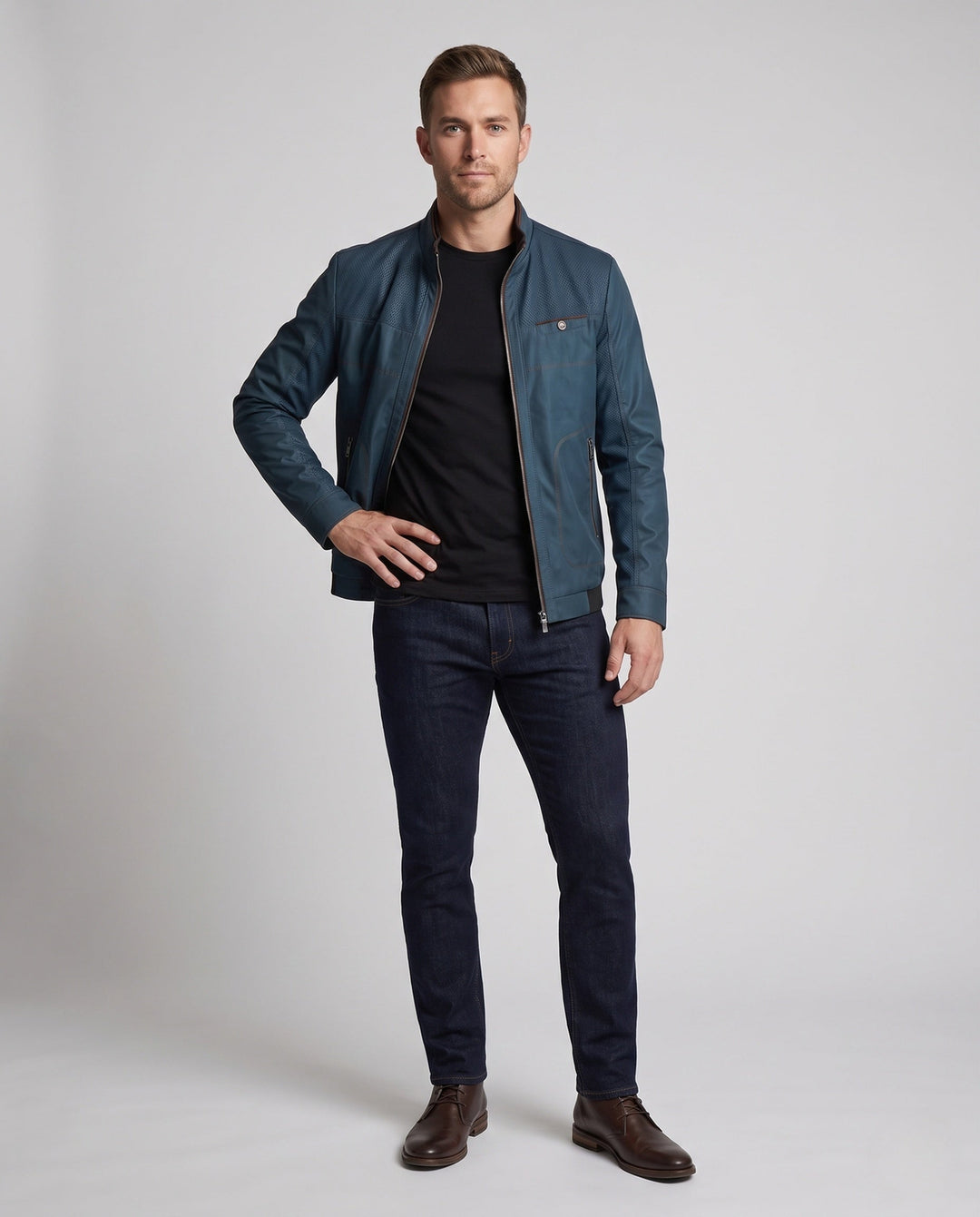 Men's Stand Collar Faux Leather Jacket with Perforated Shoulder Panels, Zipper Front and Patterned Lining