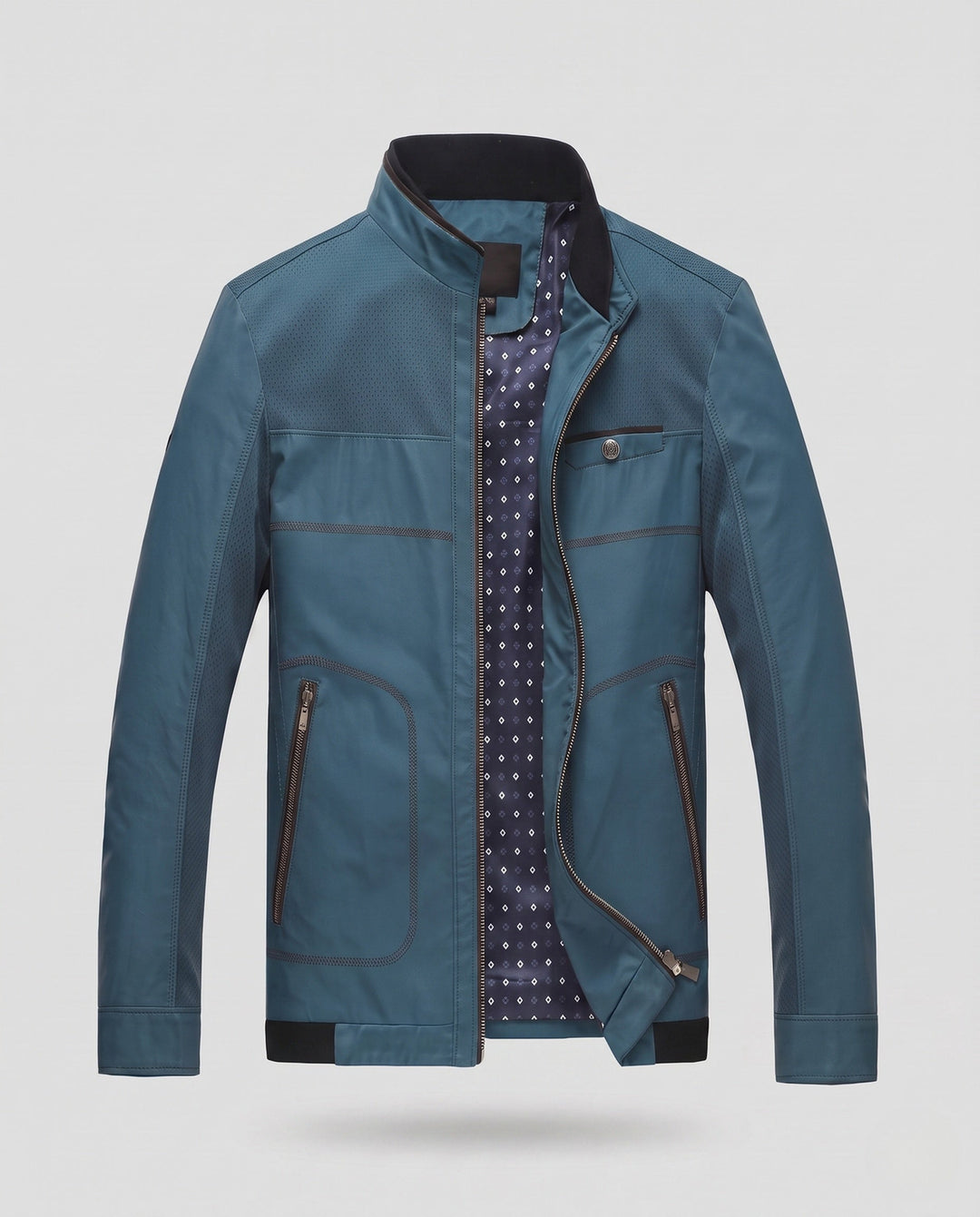 Men's Stand Collar Faux Leather Jacket with Perforated Shoulder Panels, Zipper Front and Patterned Lining