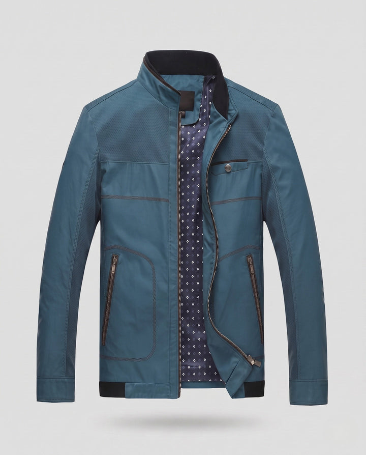 Men's Stand Collar Faux Leather Jacket with Perforated Shoulder Panels, Zipper Front and Patterned Lining