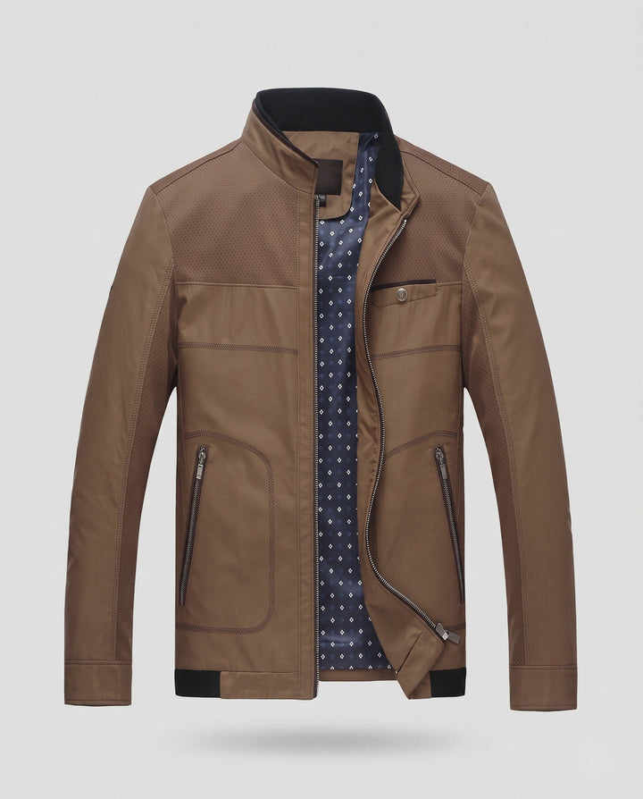 Men's Stand Collar Faux Leather Jacket with Perforated Shoulder Panels, Zipper Front and Patterned Lining