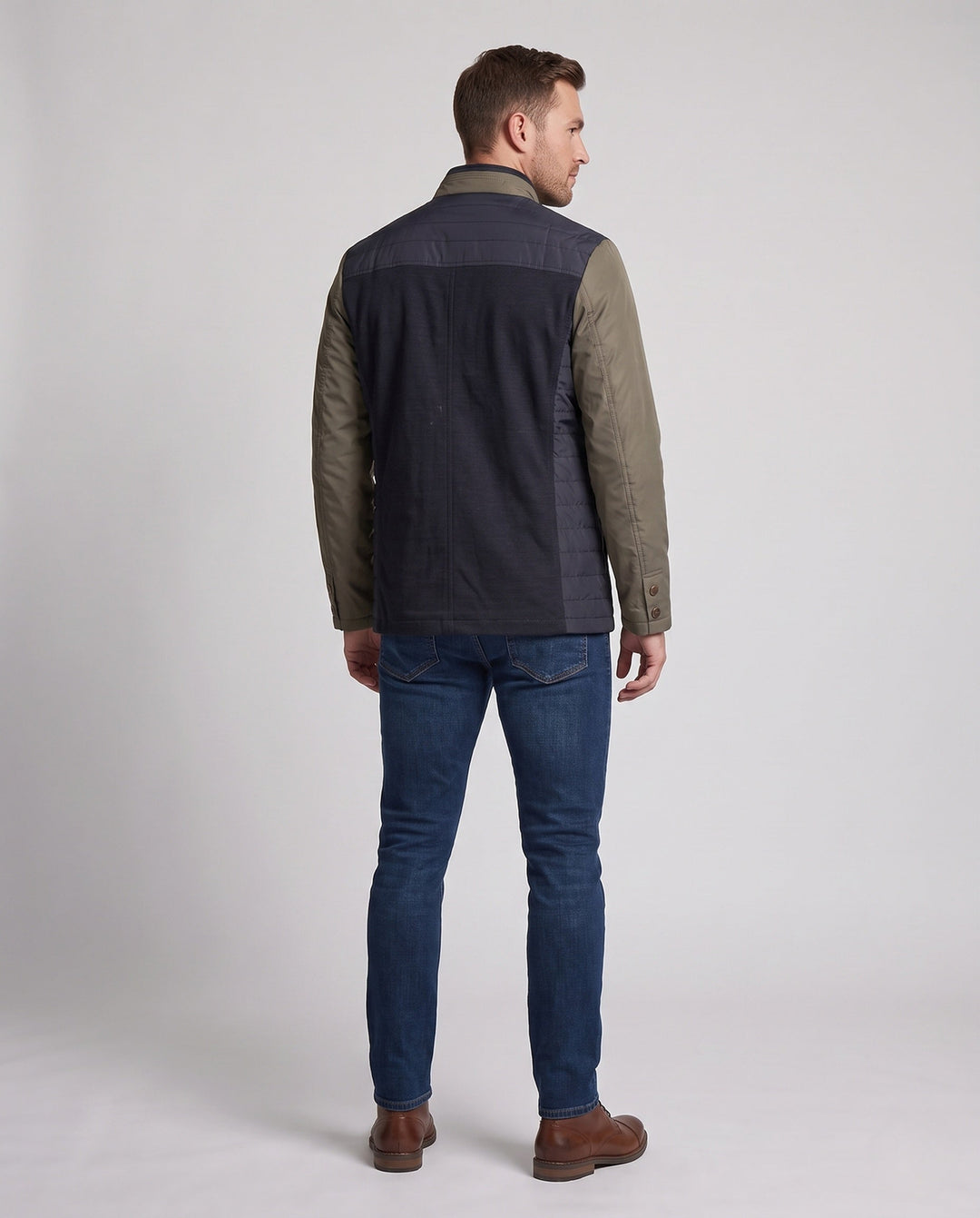 Men's Stand Collar Quilted Jacket with Contrast Sleeves made of Blended Material