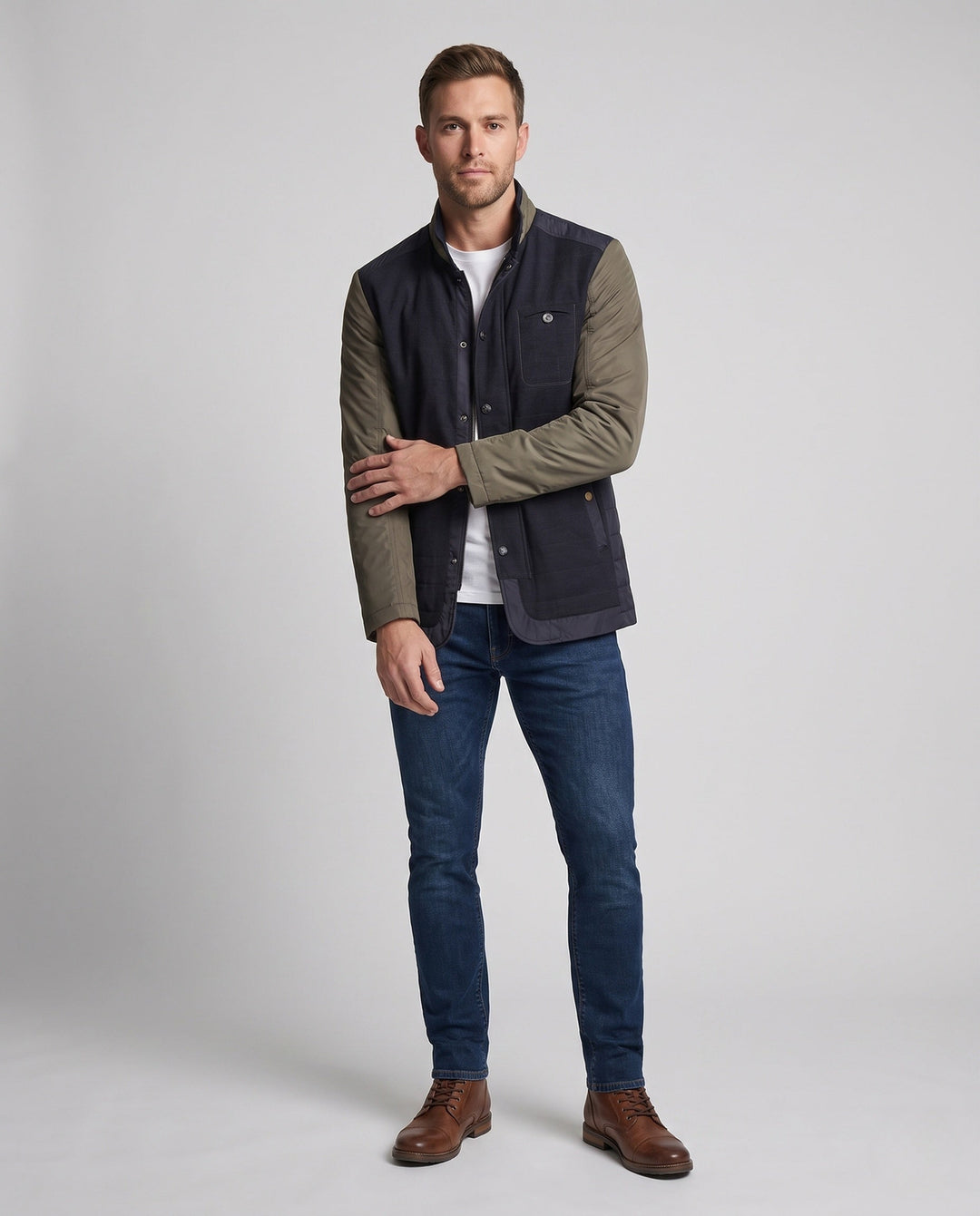 Men's Stand Collar Quilted Jacket with Contrast Sleeves made of Blended Material