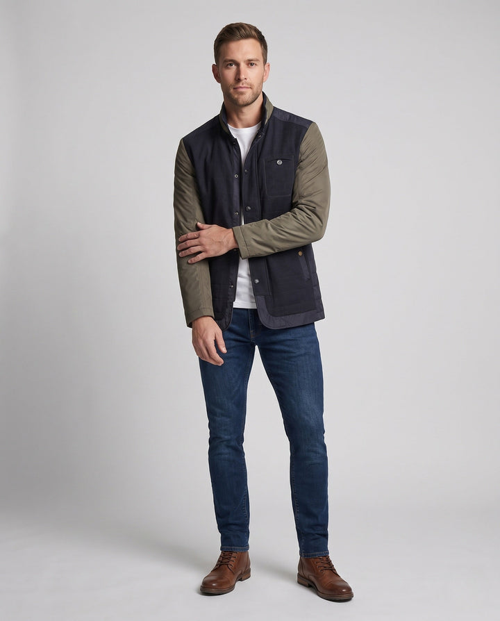 Men's Stand Collar Quilted Jacket with Contrast Sleeves made of Blended Material