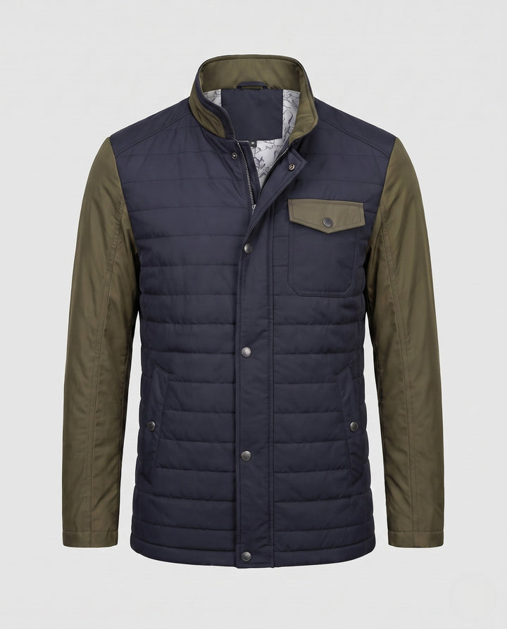 Men's Stand Collar Quilted Jacket with Contrast Sleeves made of Blended Material