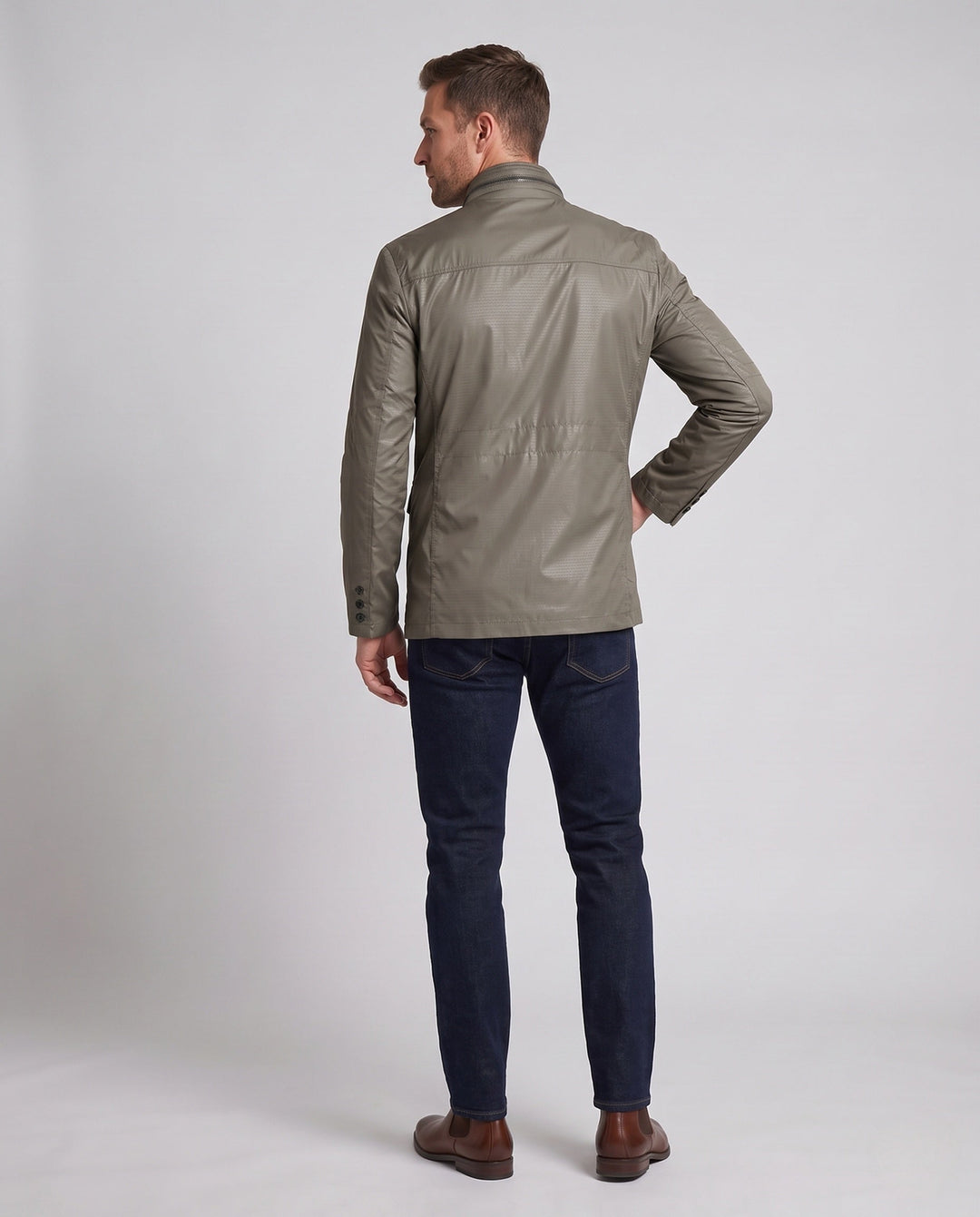 Men's Water-Repellent Stand Collar Transitional Jacket with Quilted Thermal Lining and Multifunctional Pockets