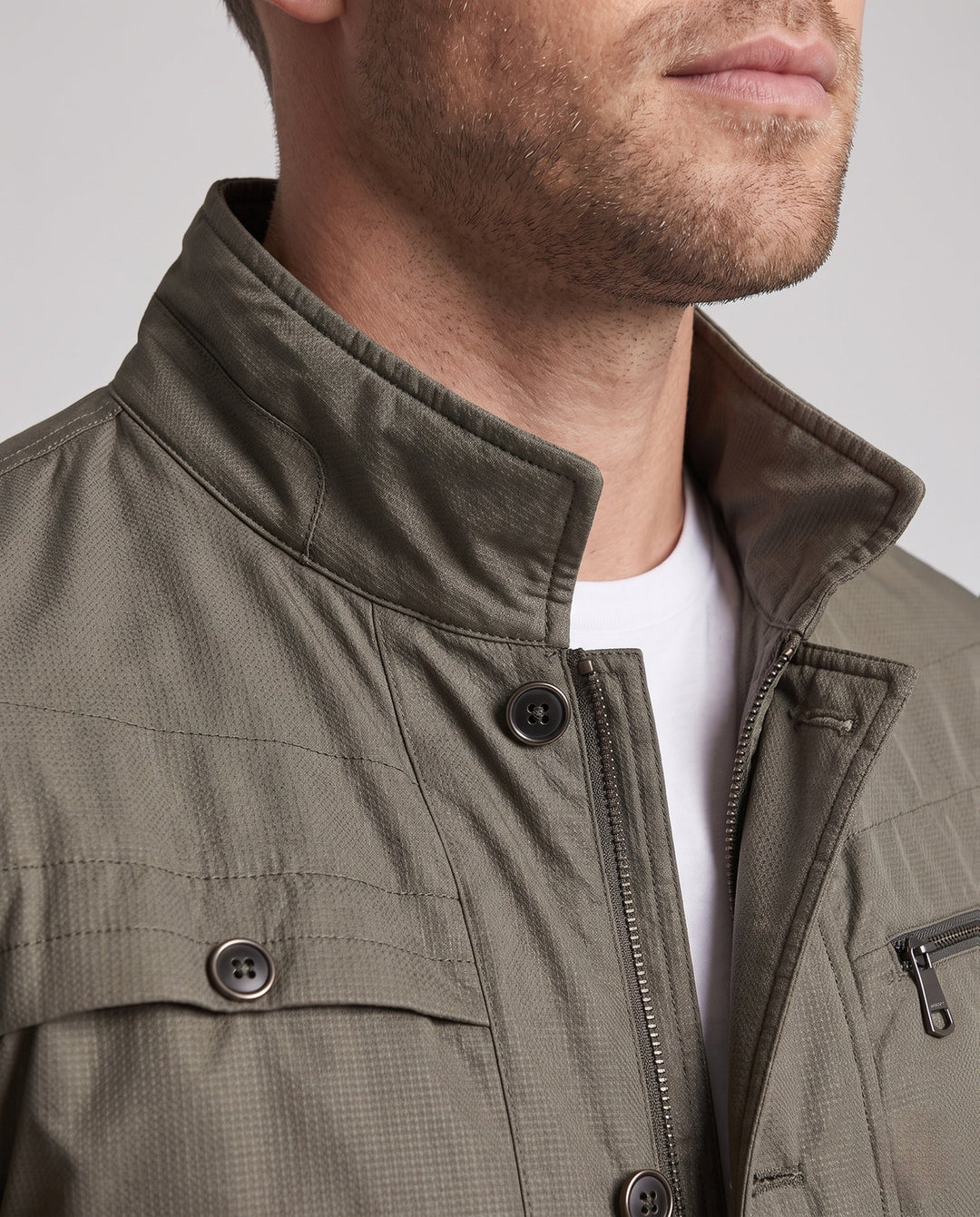 Men's Water-Repellent Stand Collar Transitional Jacket with Quilted Thermal Lining and Multifunctional Pockets