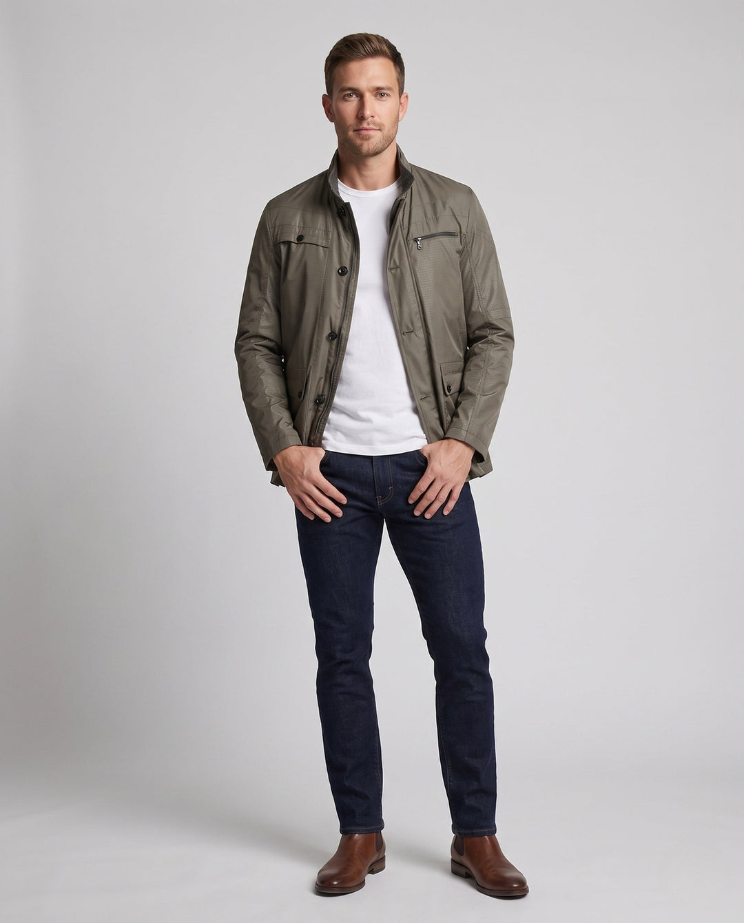 Men's Water-Repellent Stand Collar Transitional Jacket with Quilted Thermal Lining and Multifunctional Pockets
