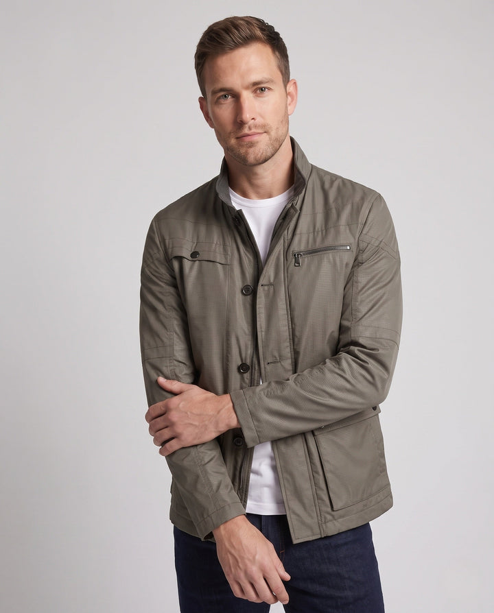 Men's Water-Repellent Stand Collar Transitional Jacket with Quilted Thermal Lining and Multifunctional Pockets