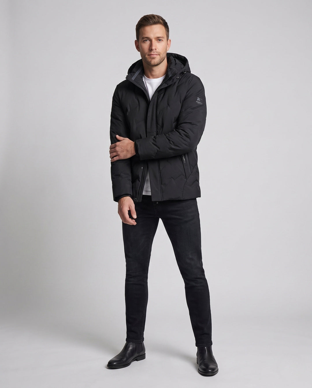 Men Water-repellent Padded Down Jacket with Hood and High-quality Duck Down Filling